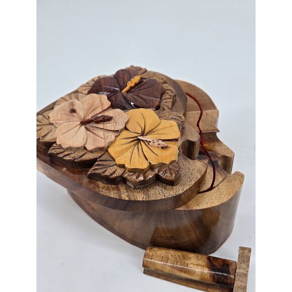 Wooden Carved Heart Hibiscus Floral Flower Puzzle Trinket Jewelry Box - Picture 8 of 16